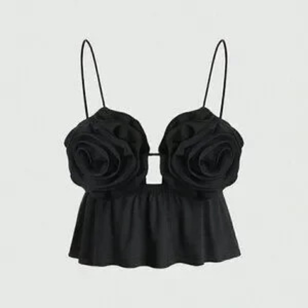 ZARA Black Sexy Women's Hollow Out Front Tank Top With 3d Flower Decor